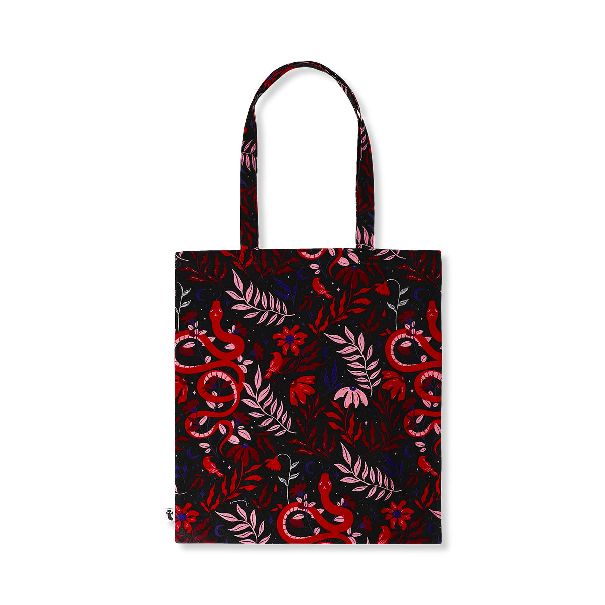 Black floral textile tote bag from Flying Tiger Copenhagen with colorful flower patterns and sturdy handles.