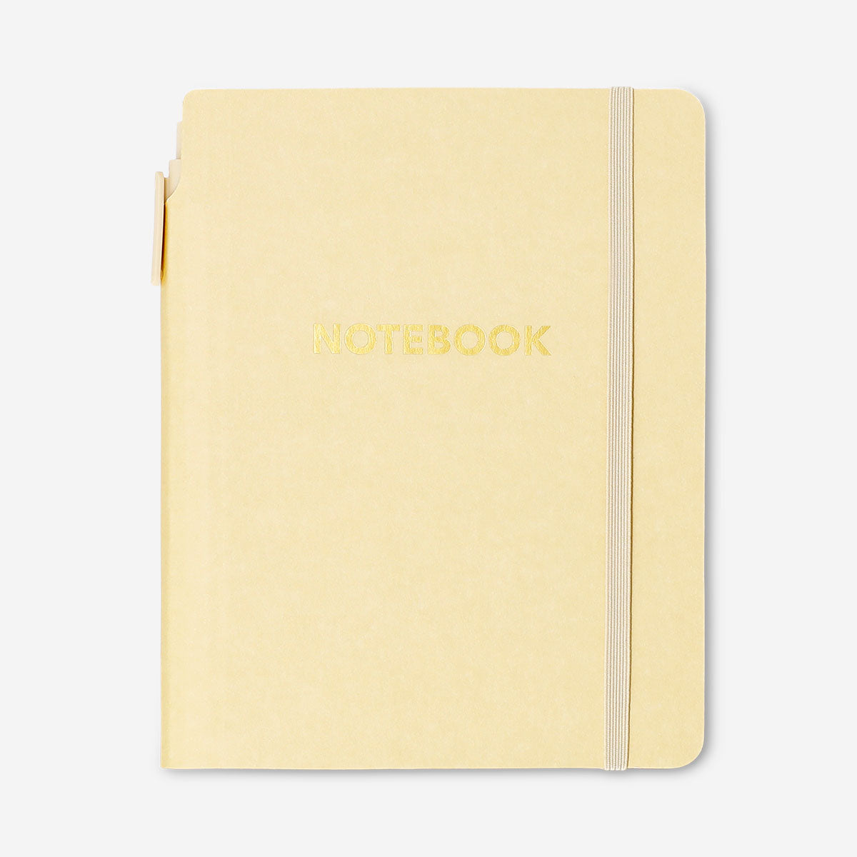 Butter yellow office notebook with a matching ballpoint pen from Flying Tiger Copenhagen, featuring a smooth cover and writing accessories.