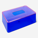 Blue tissue box from Flying Tiger Copenhagen, measuring 9x12x19 cm, with tissue paper visible inside.