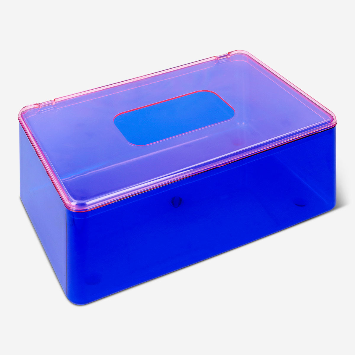 Blue tissue box from Flying Tiger Copenhagen, measuring 9x12x19 cm, with tissue paper visible inside.