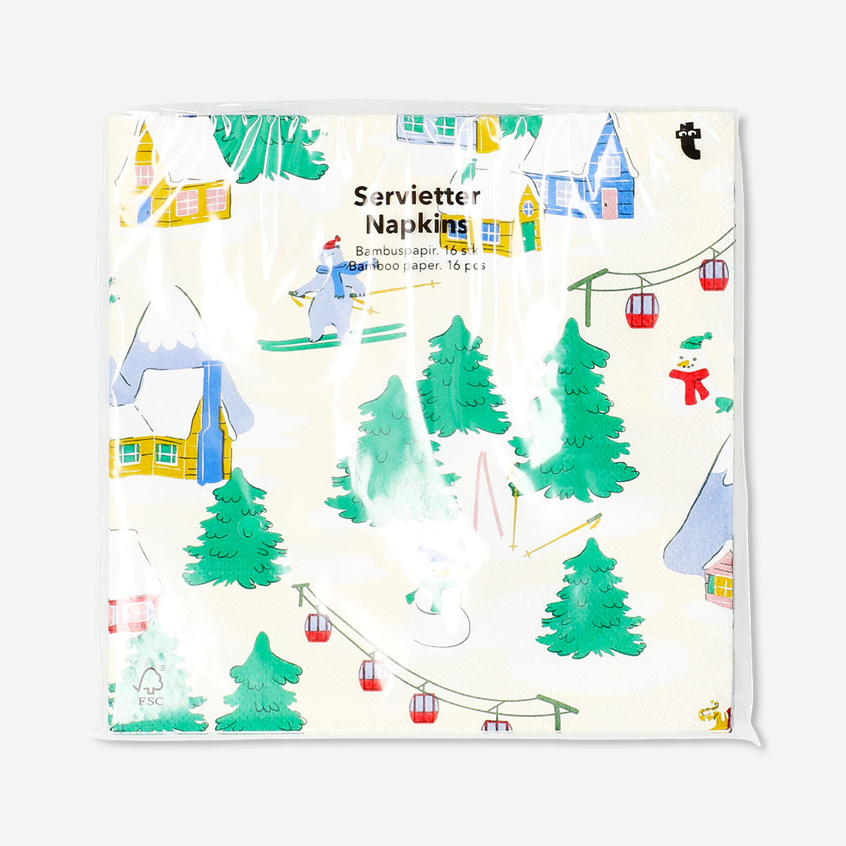 Flying Tiger Copenhagen ski village print party napkins, set of 16, featuring festive winter village design.