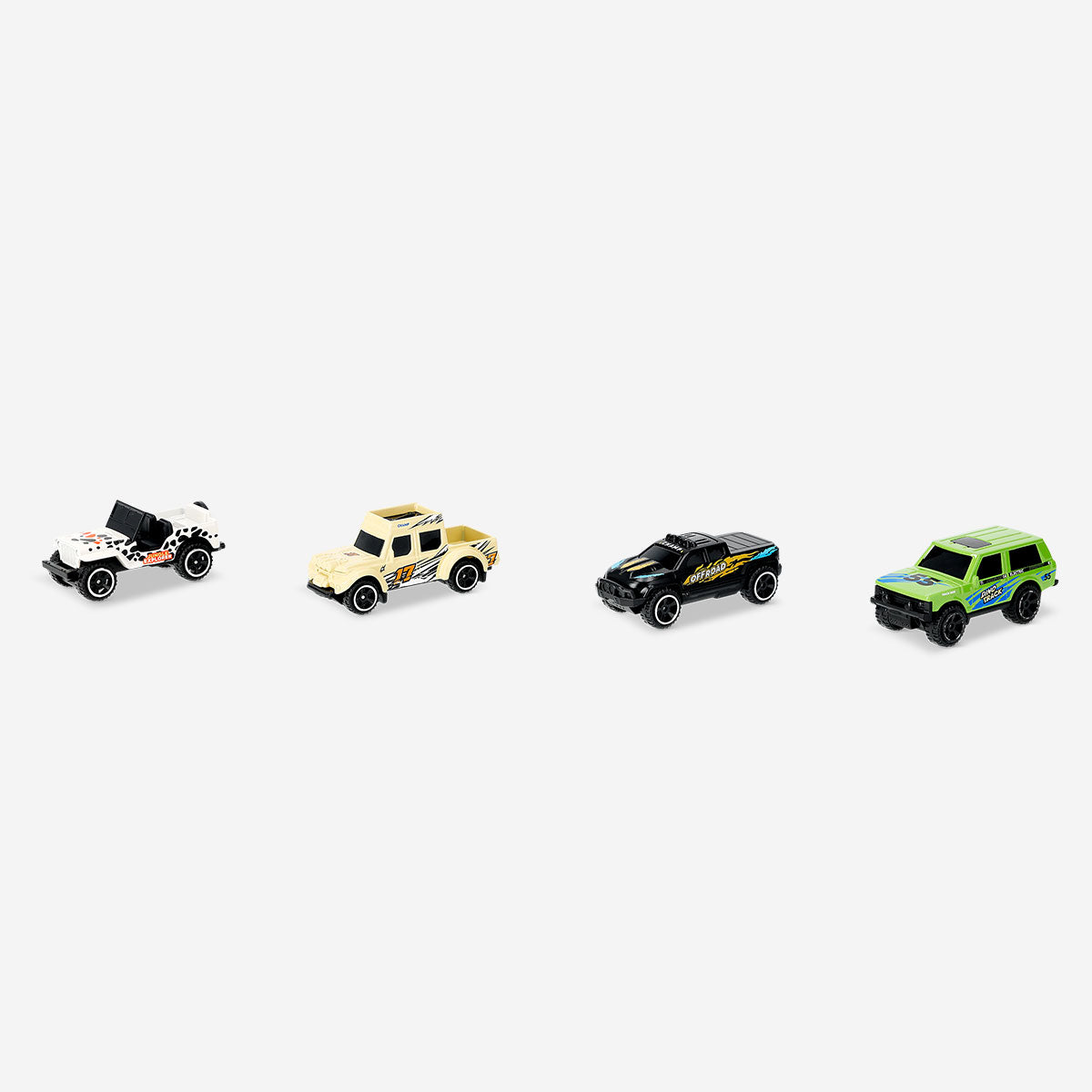 Set of four colorful Jungle toy cars from Flying Tiger Copenhagen, suitable for children’s play and imaginative fun.
