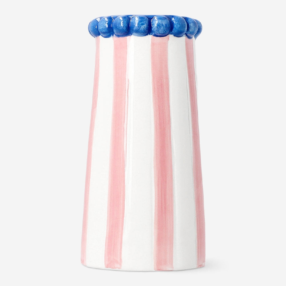 Ceramic vase with pink stripes, 15 cm tall, from Flying Tiger Copenhagen, featuring a smooth, rounded shape and decorative pink pattern.