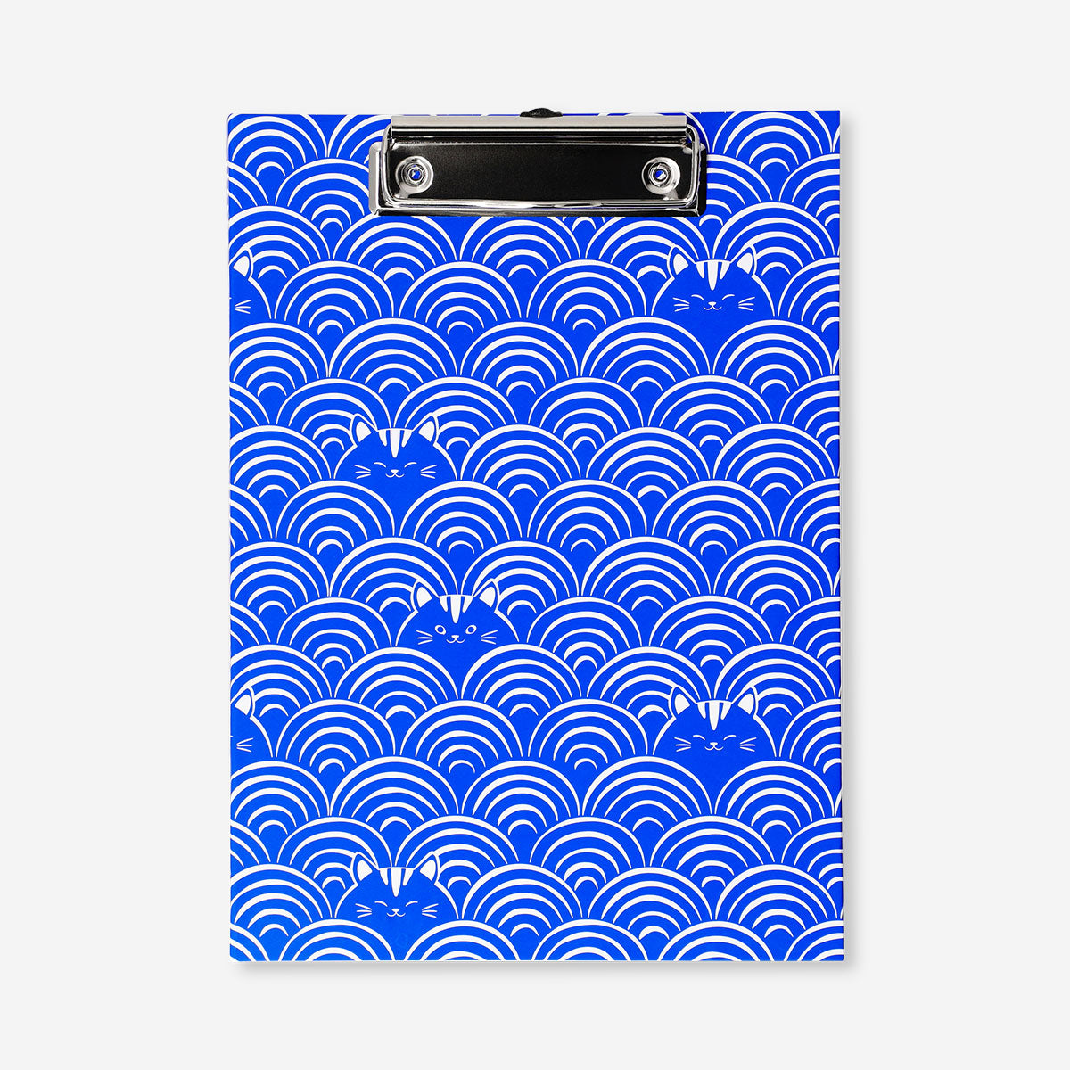 Blue office clipboard with spiral binding and playful cat print, designed by Flying Tiger Copenhagen for organizing notes.