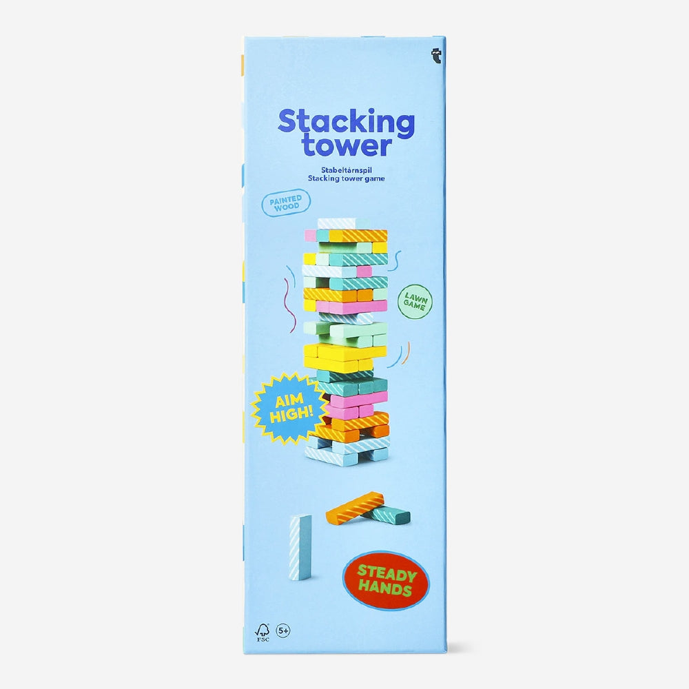 Flying Tiger Copenhagen wooden stacking tower lawn game with colorful blocks and a sturdy wooden base for outdoor fun.