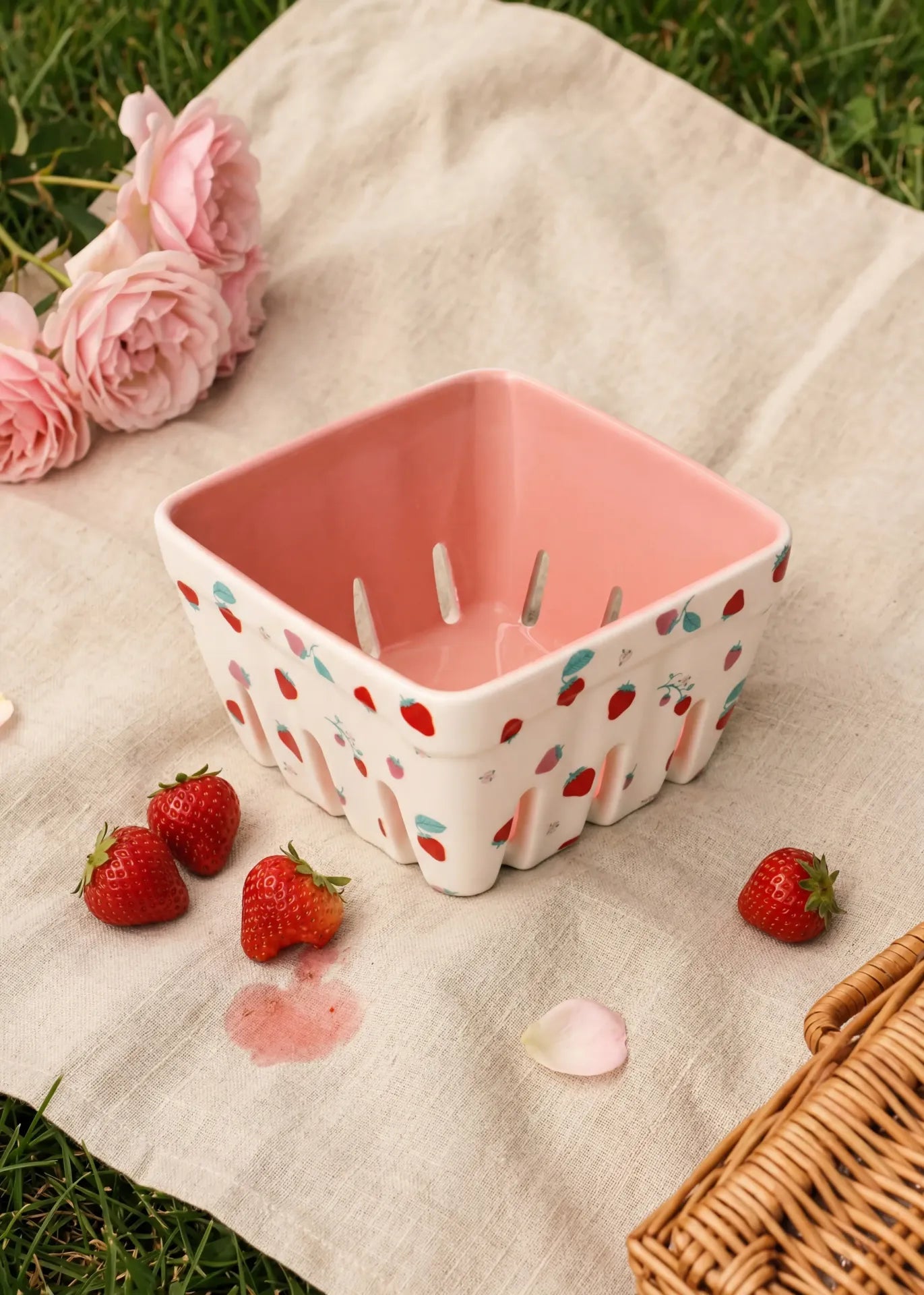 Ceramic kitchen colander with strawberry print by Flying Tiger Copenhagen, featuring a round shape and colorful fruit design.