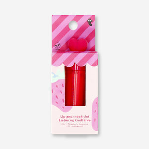 Flying Tiger Copenhagen 2-in-1 lip and cheek balm with strawberry fragrance, featuring a compact container and colorful packaging.