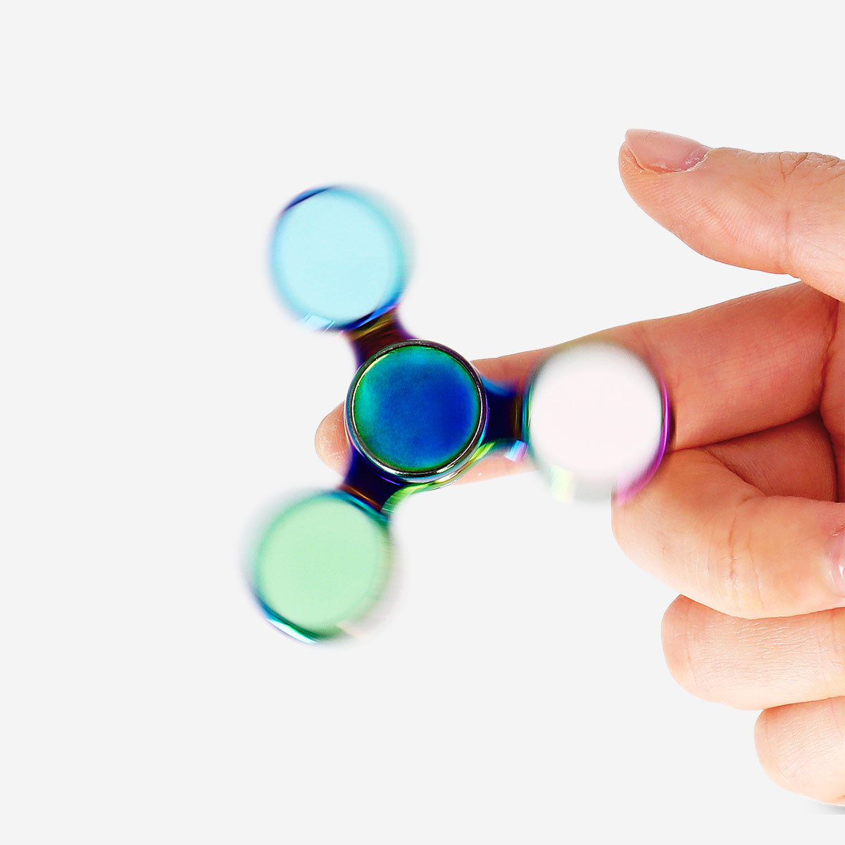 Metallic flying tiger Copenhagen fidget spinner gadget with three spinning arms and smooth metallic finish.