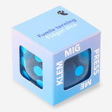 Blue Fidget Dice gadget by Flying Tiger Copenhagen, shown as a small, colorful cube with numbers and spinning features.