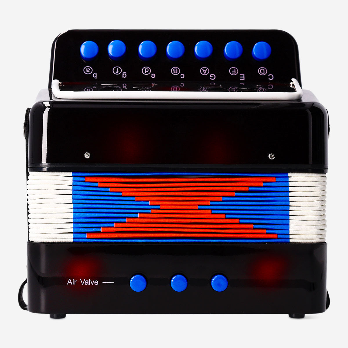 Flying Tiger Copenhagen acoustic accordion gadget with black and white keys, compact design, and traditional musical instrument features.