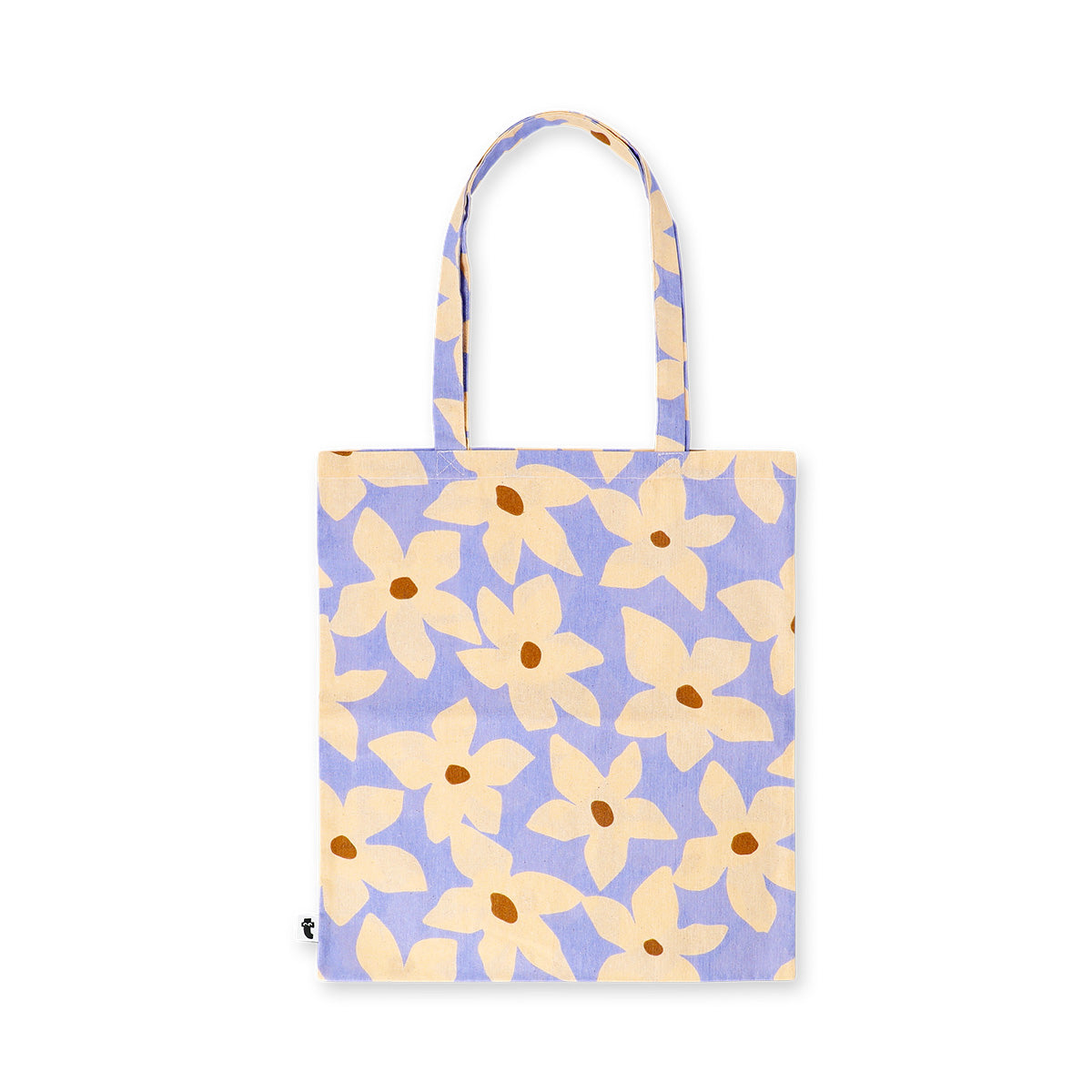 Textile tote bag with colorful flower print from Flying Tiger Copenhagen, featuring sturdy handles and spacious interior.