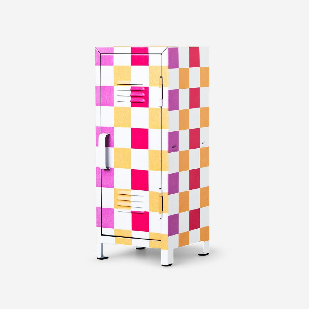 Checkered mini locker gadget from RuPaul's Drag Race x Flying Tiger Copenhagen, 26 cm tall with a stylish checkered design.