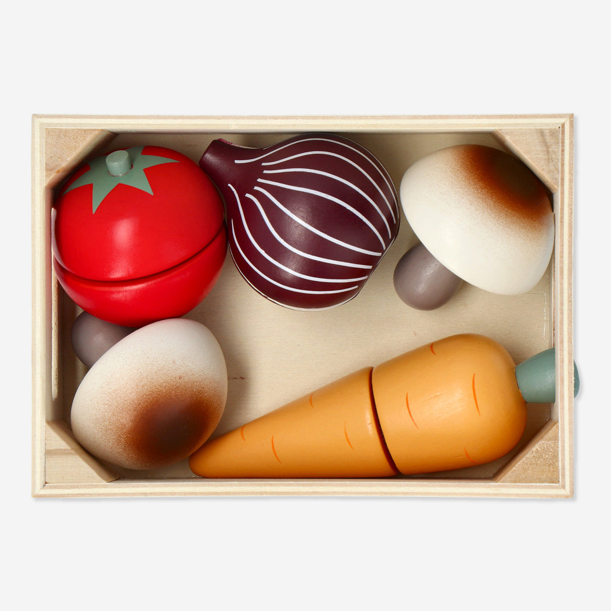 Wooden vegetable box toy playset from Flying Tiger Copenhagen, featuring colorful pretend vegetables for imaginative play.
