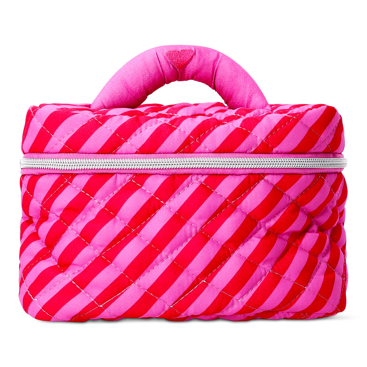 Pink striped quilted toiletry bag for personal care, 13x19 cm, by Flying Tiger Copenhagen, shown with zipper closure and fabric texture.