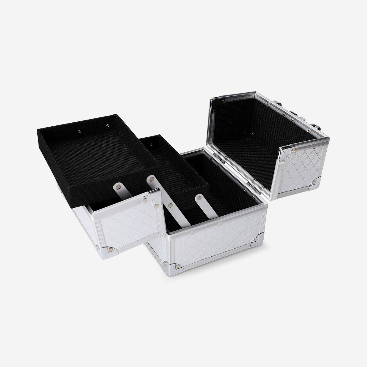 Silver Flying Tiger Copenhagen beauty case with divider for personal care storage, showing a sleek, compact design with organized compartments.