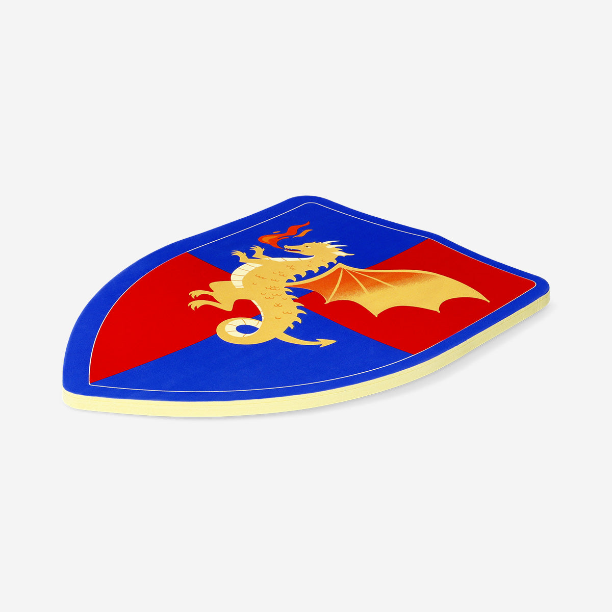 Flying Tiger Copenhagen knight foam toy shield with orange and black design, suitable for pretend play and costume accessories.