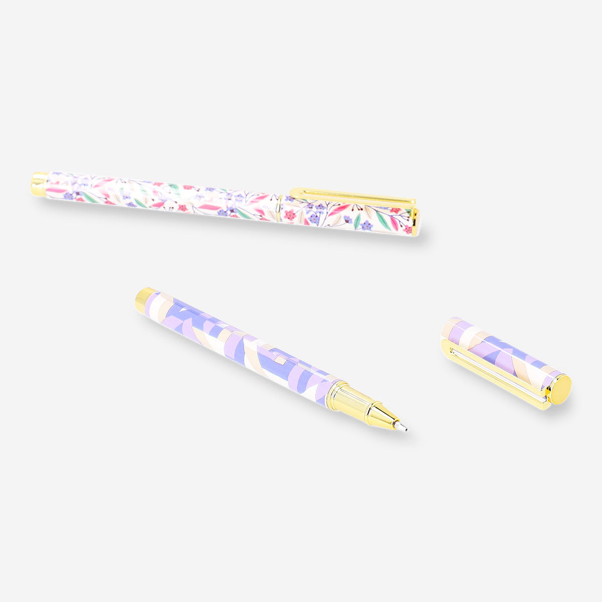 Two Flying Tiger Copenhagen ballpoint pens with colorful, fun printed designs for office use, displayed on a white background.
