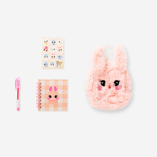 Pink plush bunny stationery kit