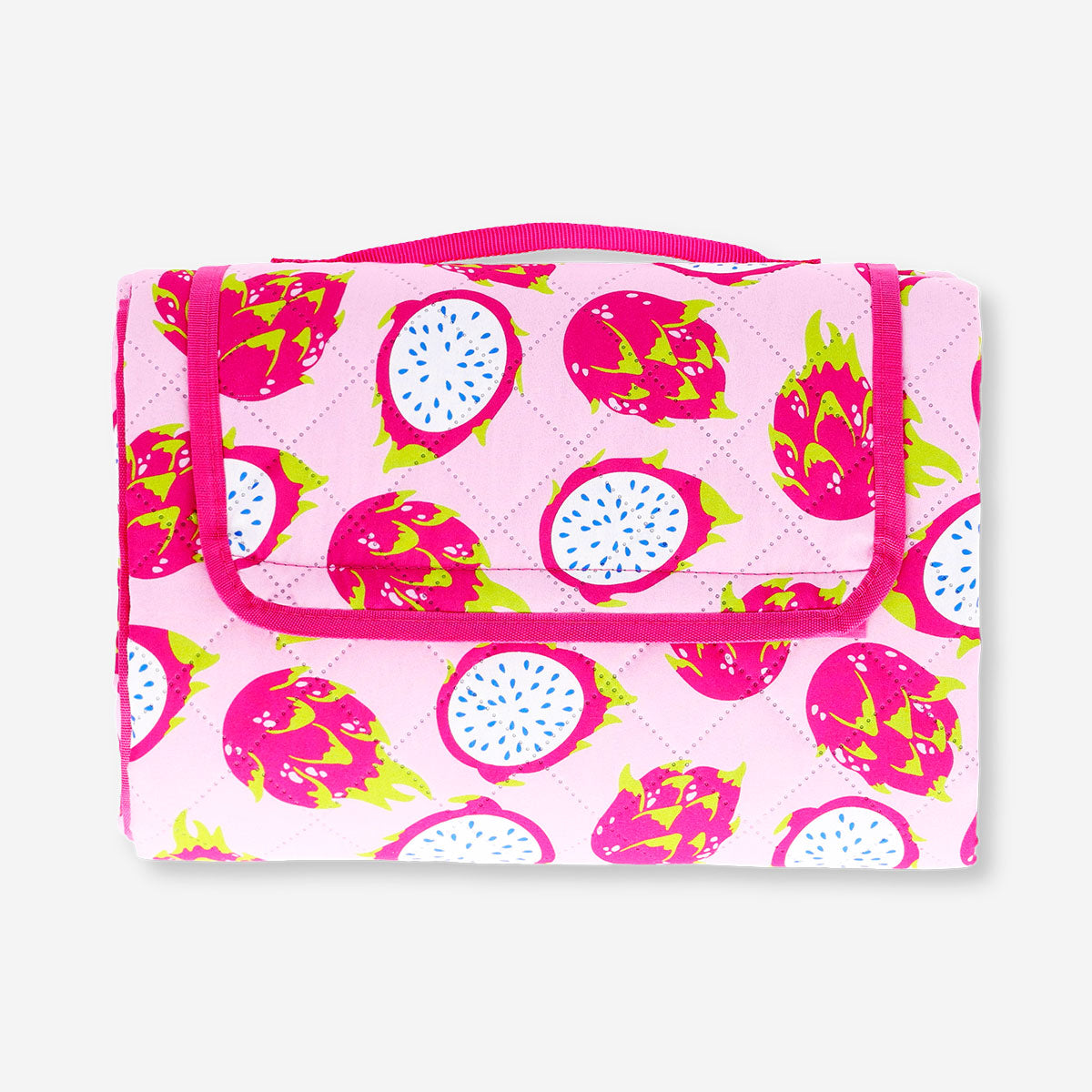 Flying Tiger Copenhagen picnic blanket with dragon fruit print, 170x90 cm, featuring a carrying strap for outdoor use.