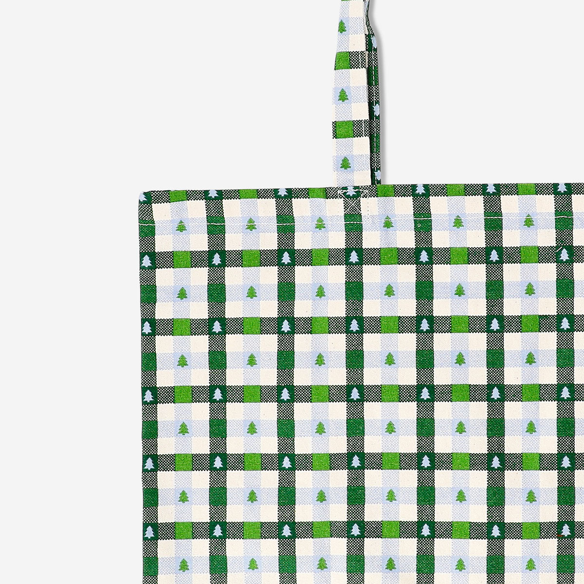 Flying Tiger Copenhagen tote bag with Christmas tree check textile design, featuring festive holiday print and sturdy handles.