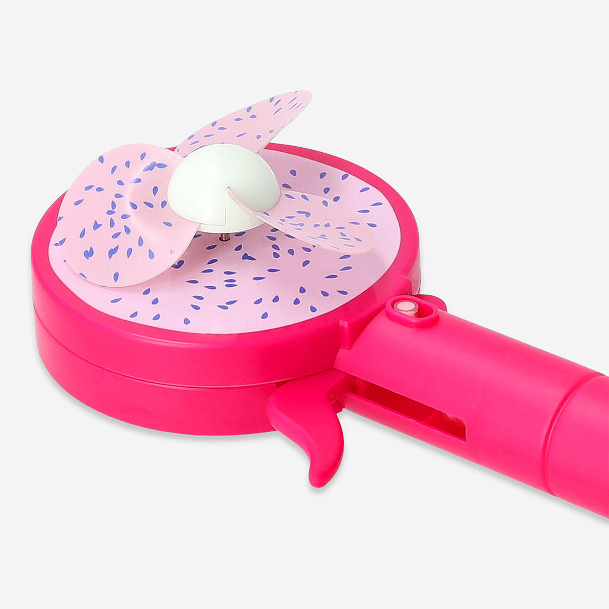 Flying Tiger Copenhagen mist spray fan with a vibrant dragon fruit design, compact gadget for cooling and refreshing airflow.