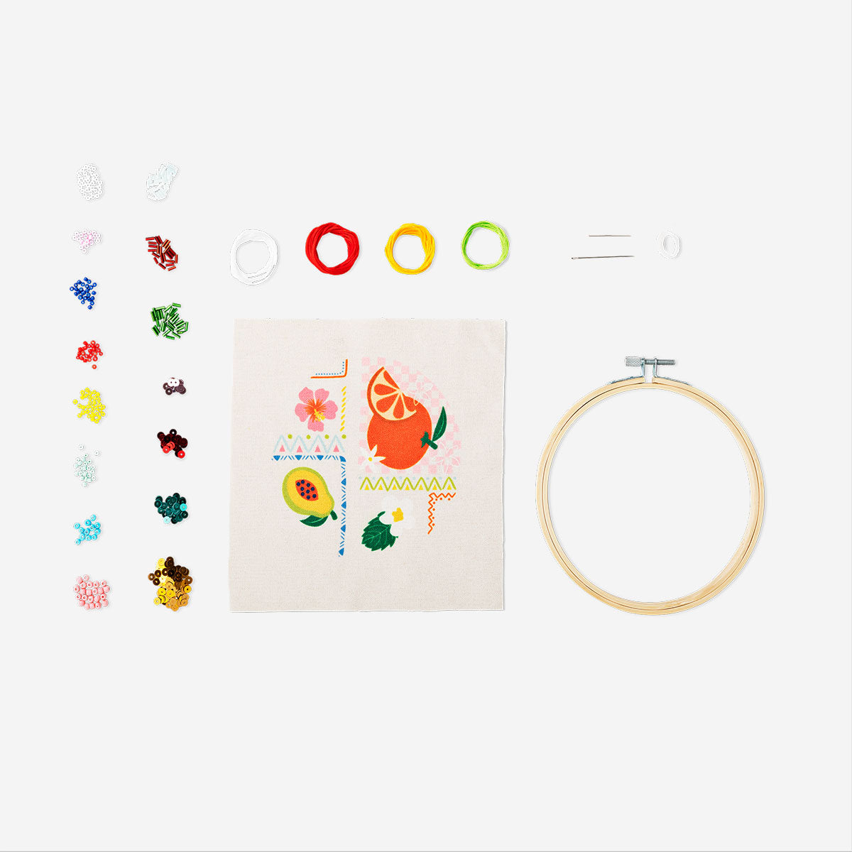 Embroidery kit with tropical print from Flying Tiger Copenhagen featuring colorful threads and fabric for hobby craft projects.