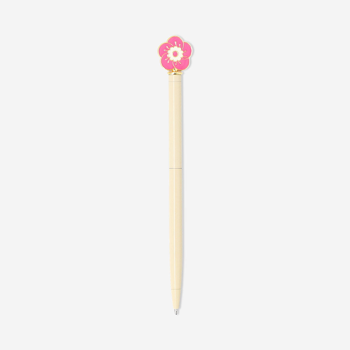 Pink flower topper on a Flying Tiger Copenhagen ballpoint pen, ideal for office use, with a colorful floral design.