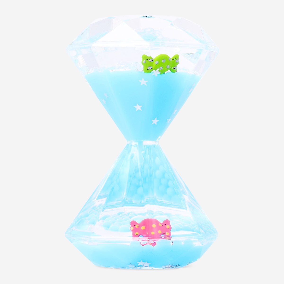 Decorative blue hourglass gadget from Flying Tiger Copenhagen with flowing sand inside a sleek glass frame.