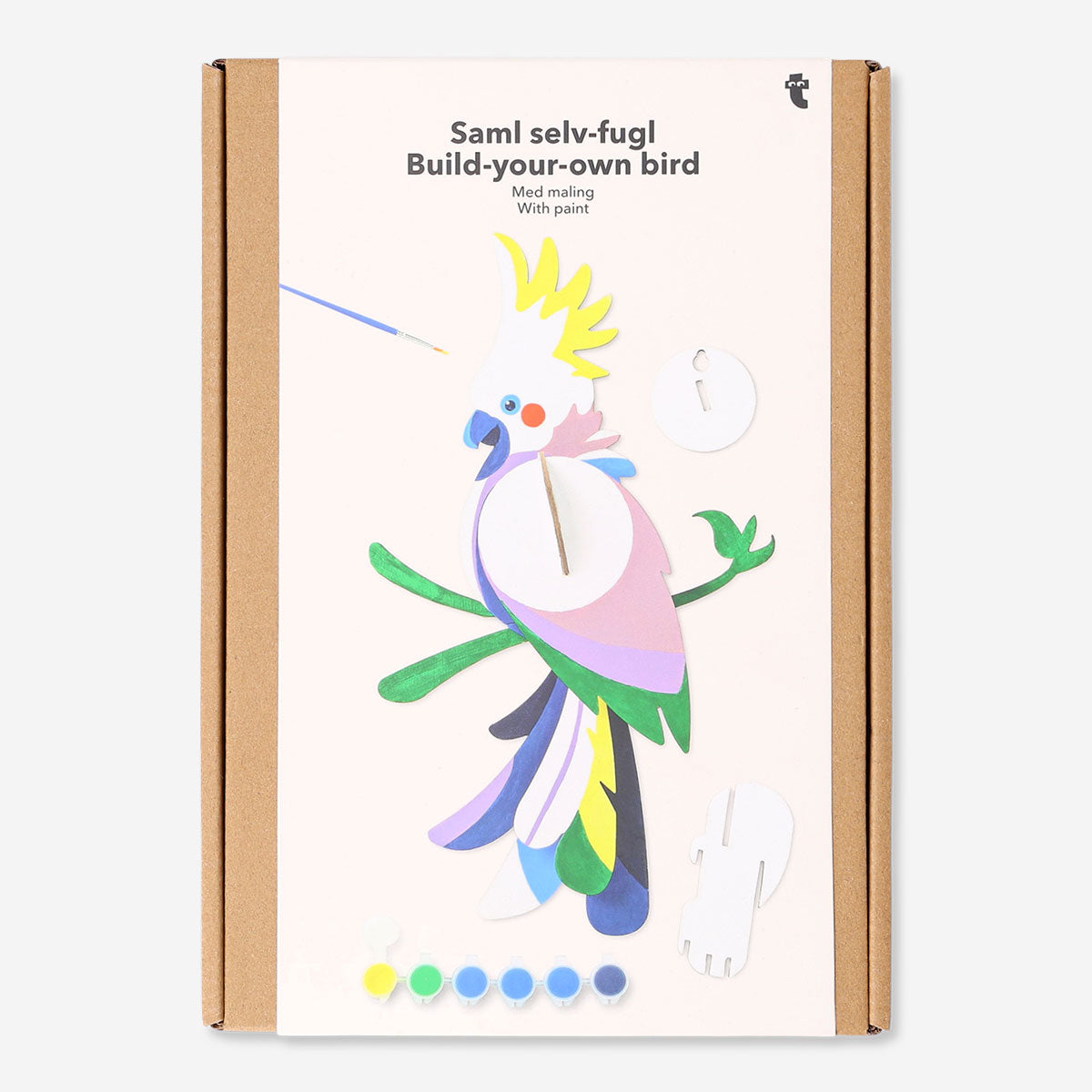 DIY tropical bird hobby kit from Flying Tiger Copenhagen with paint and materials for creating a colorful bird craft.