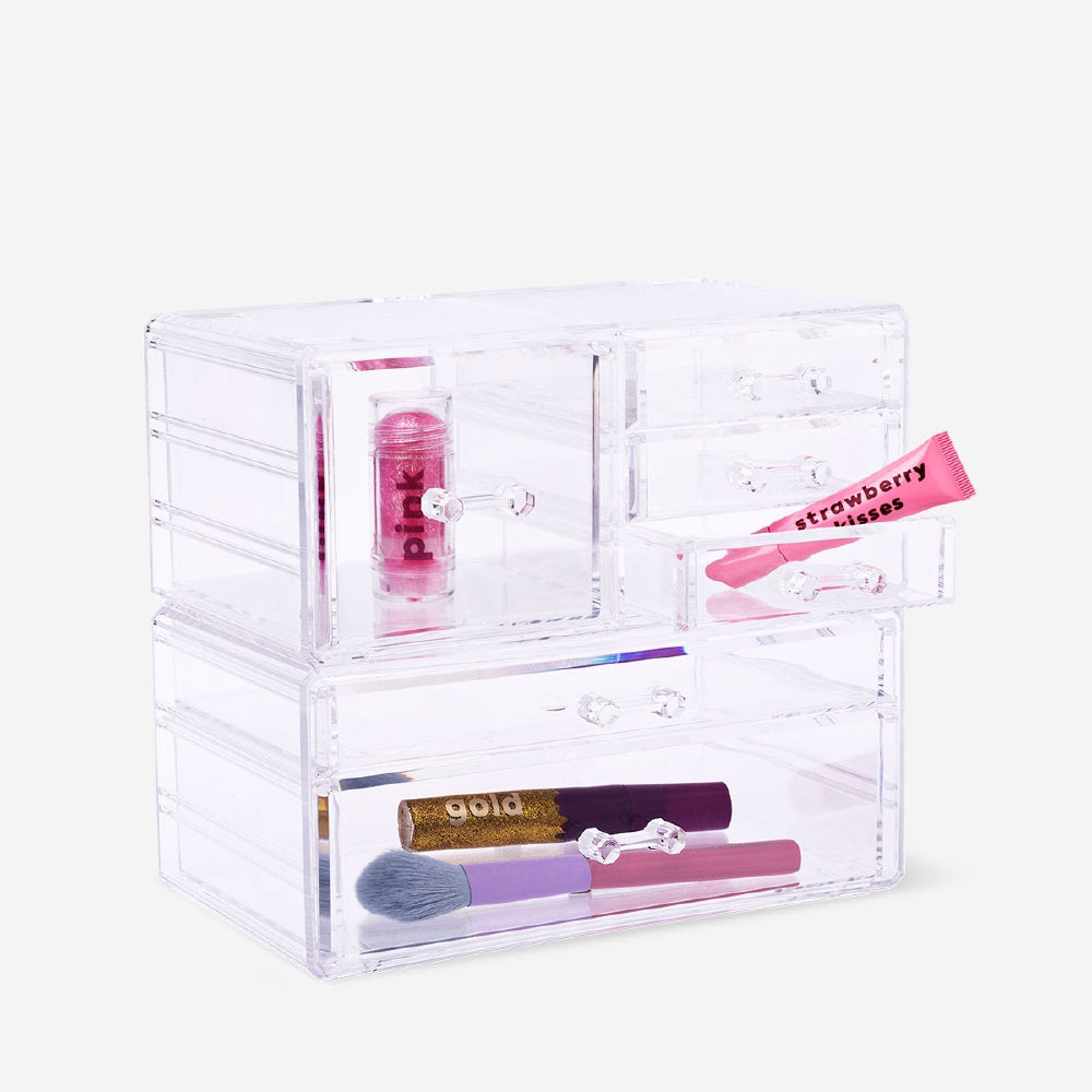 Clear cosmetic organiser from Flying Tiger Copenhagen, 21.5x24 cm, with compartments for personal care items.