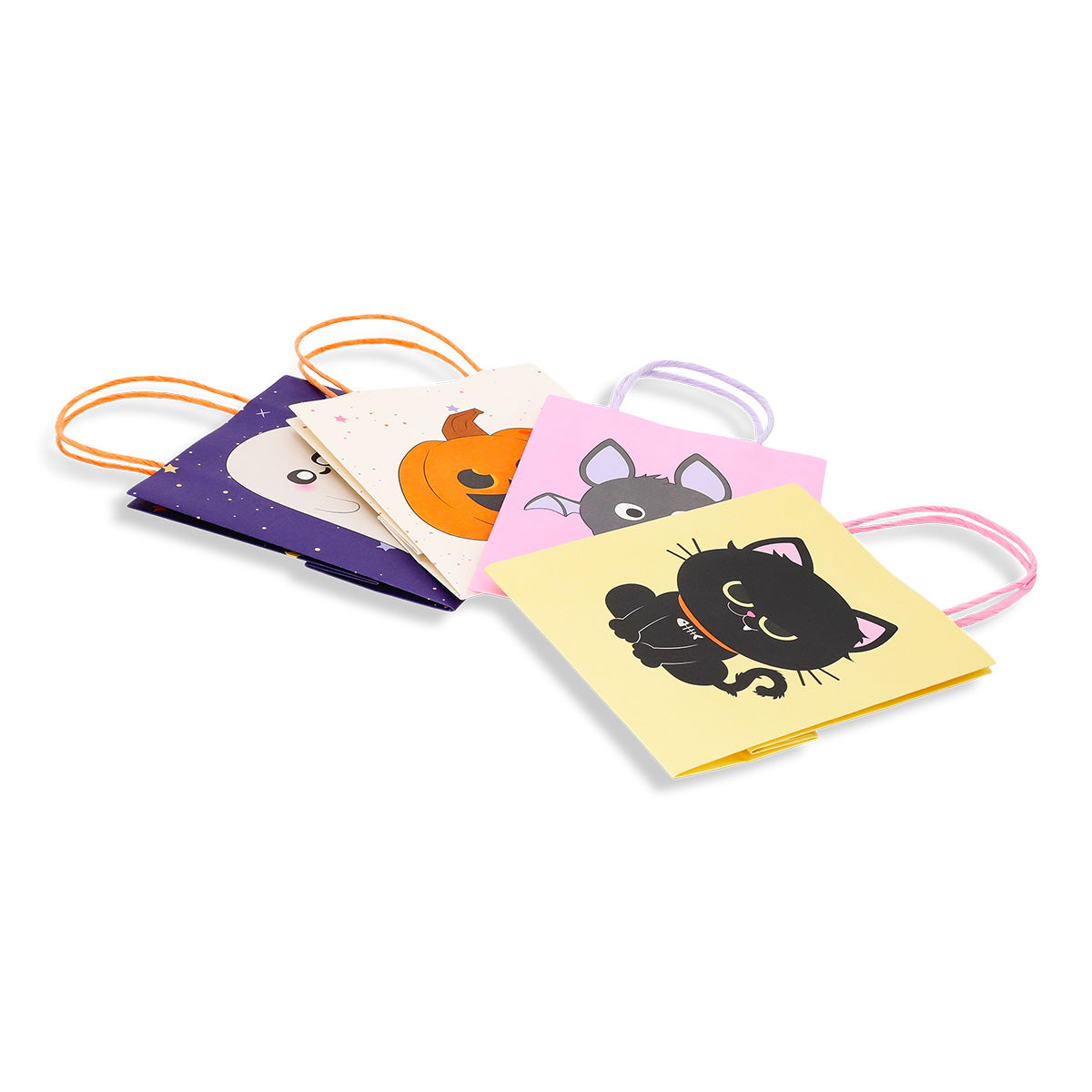 Four Halloween-themed gift bags with festive prints from Flying Tiger Copenhagen, suitable for office gift wrapping.