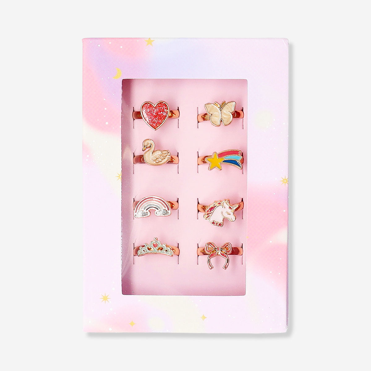 Set of 8 children's adjustable textile rings featuring colorful fairytale motifs, perfect for kids' accessories.