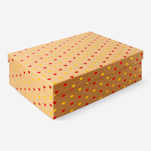 Office gift box with foil hearts from Flying Tiger Copenhagen, 28 cm, featuring shiny foil heart decorations on a festive box.