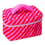 Pink striped quilted toiletry bag for personal care, 13x19 cm, by Flying Tiger Copenhagen, showing zip closure and compact design.