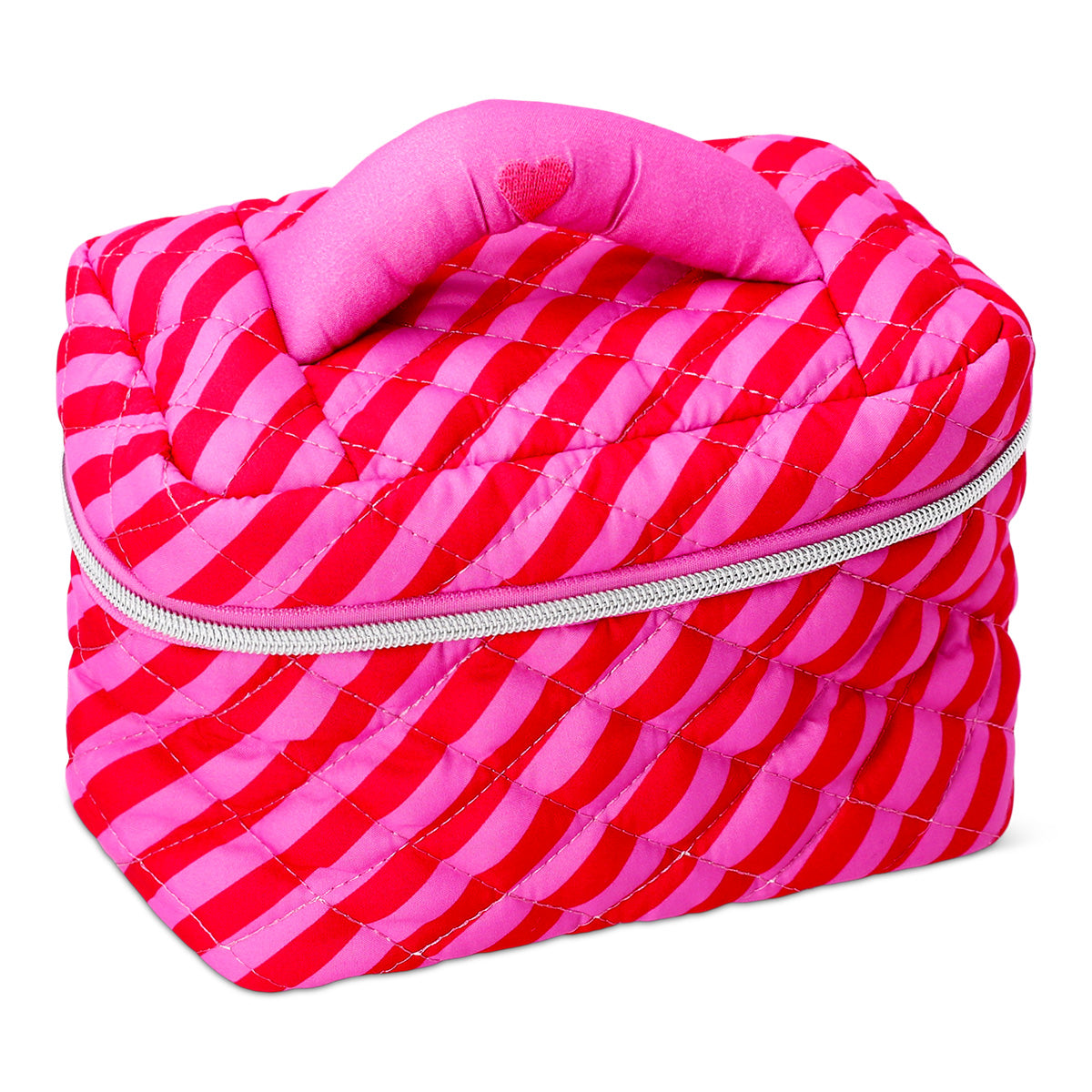 Pink striped quilted toiletry bag for personal care, 13x19 cm, by Flying Tiger Copenhagen, showing zip closure and compact design.