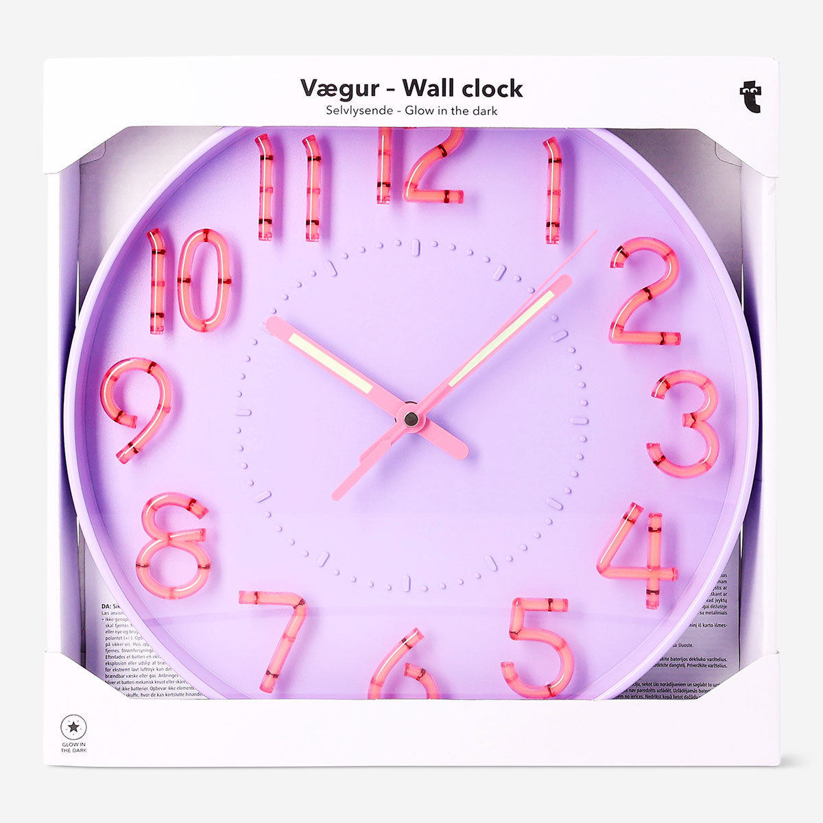 Glow in the dark wall clock by Flying Tiger Copenhagen featuring a modern design and luminous hands for easy night visibility.