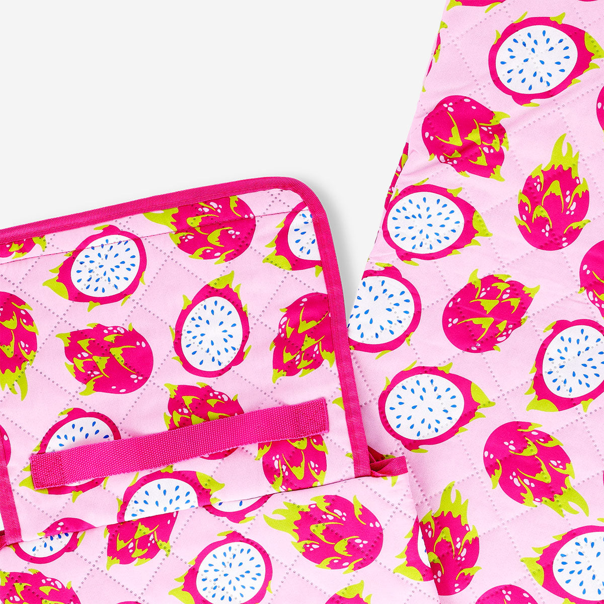 Flying Tiger Copenhagen picnic blanket with dragon fruit print, 170x90 cm, featuring a carrying strap for outdoor gatherings.