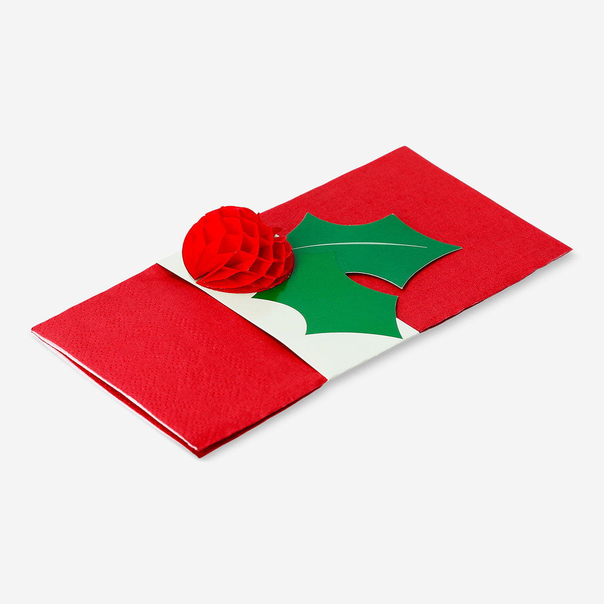 Set of 8 red party napkins with holly-themed name cards from Flying Tiger Copenhagen for festive occasions.
