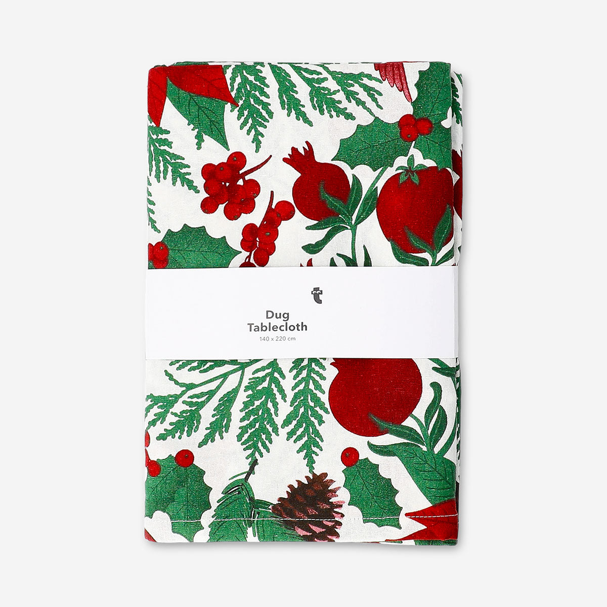 Christmas tablecloth with holly and poinsettia print, 140x220 cm, by Flying Tiger Copenhagen, showcasing festive holiday decor.