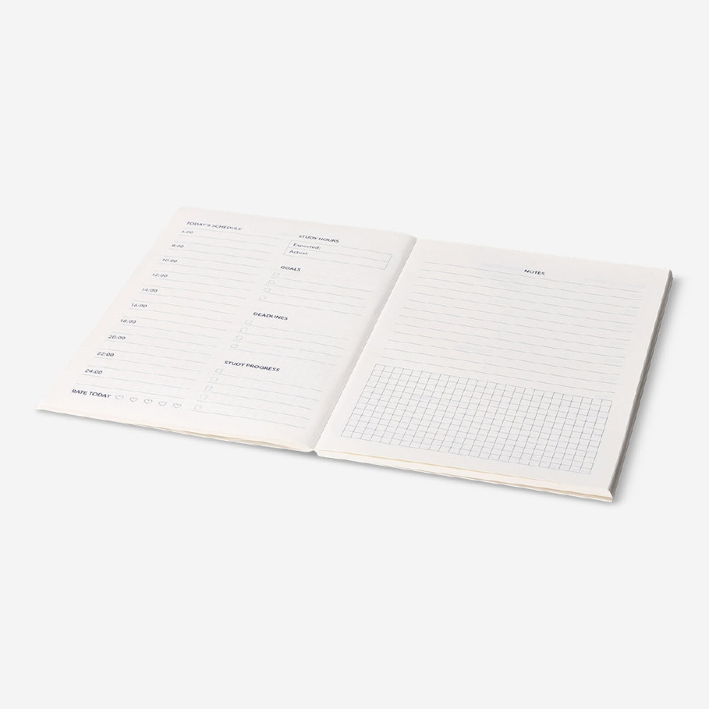 Gradient weekly study planner from Flying Tiger Copenhagen featuring colorful pages and an organized office design.