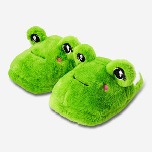 Flying Tiger Copenhagen frog slippers in size 38/39, soft textile footwear with playful frog design and vibrant green color.
