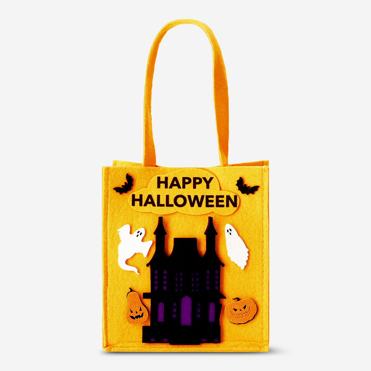 Felt trick-or-treat bag with candy design by Flying Tiger Copenhagen for Halloween, featuring colorful candy illustrations.