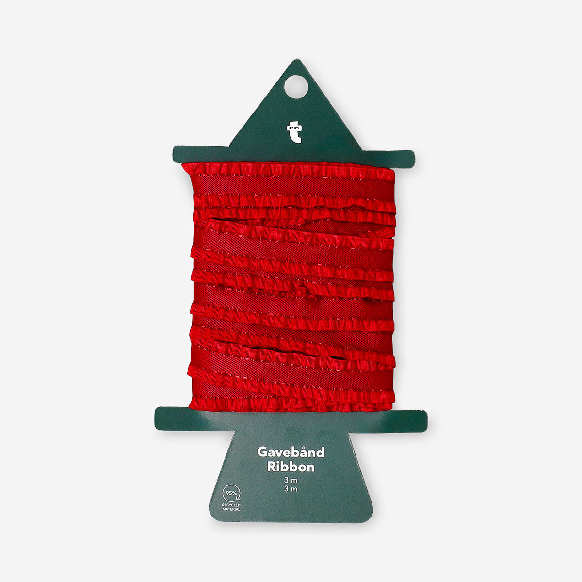 Red frill-edged ribbon, 3 meters long, from Flying Tiger Copenhagen, suitable for office decor or craft projects.