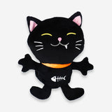 Black cat plush pet toy from Flying Tiger Copenhagen, designed for leisure and play, featuring soft fabric and playful details.