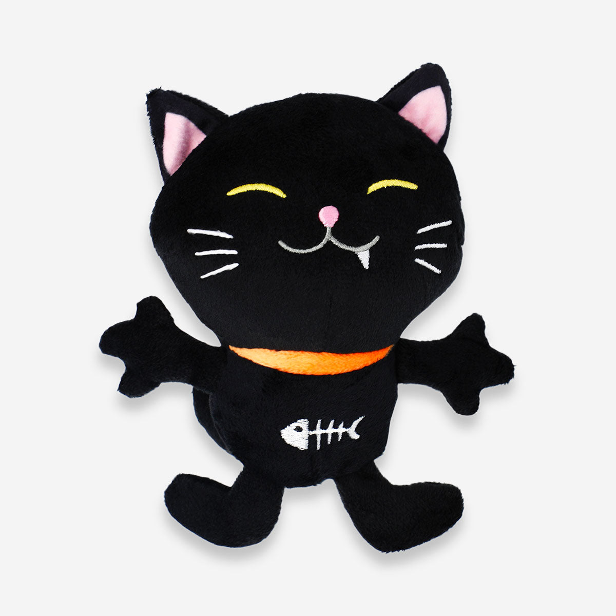 Black cat plush pet toy from Flying Tiger Copenhagen, designed for leisure and play, featuring soft fabric and playful details.