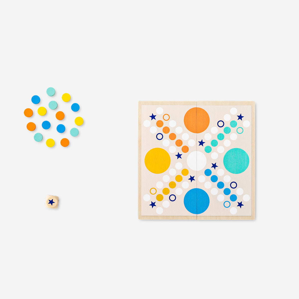 Wooden Ludo game by Flying Tiger Copenhagen with colorful game pieces and a wooden game board for family fun.