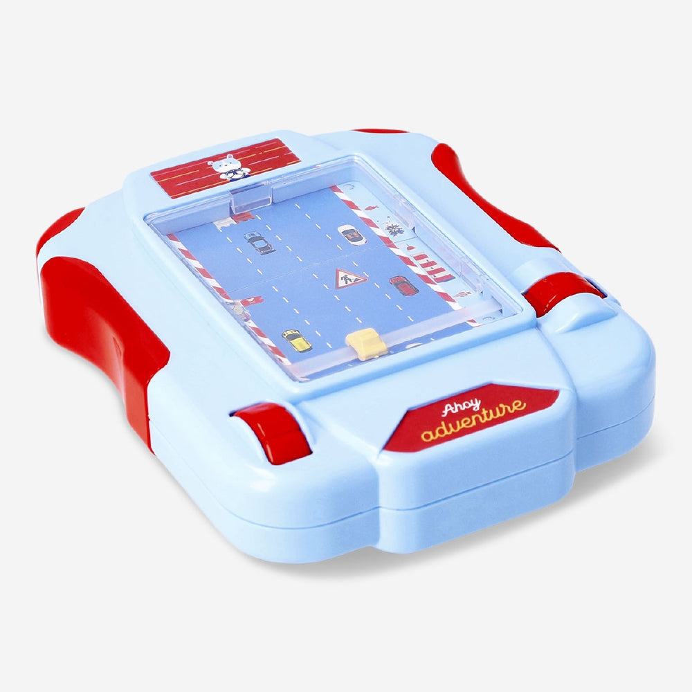 Flying Tiger Copenhagen mini car racing game featuring colorful race cars on a small handheld game console.