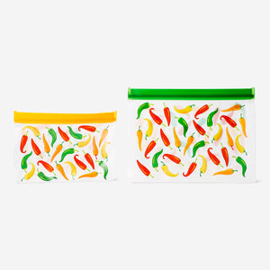Reusable kitchen grip seal bags with chili print by Flying Tiger Copenhagen, set of 2, ideal for food storage.