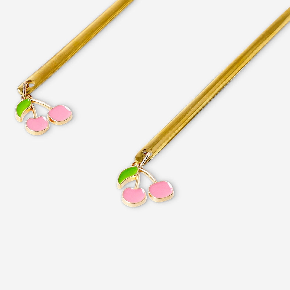Set of two gold dessert forks with cherry-shaped decorations, perfect for elegant kitchen serving and dessert presentation.