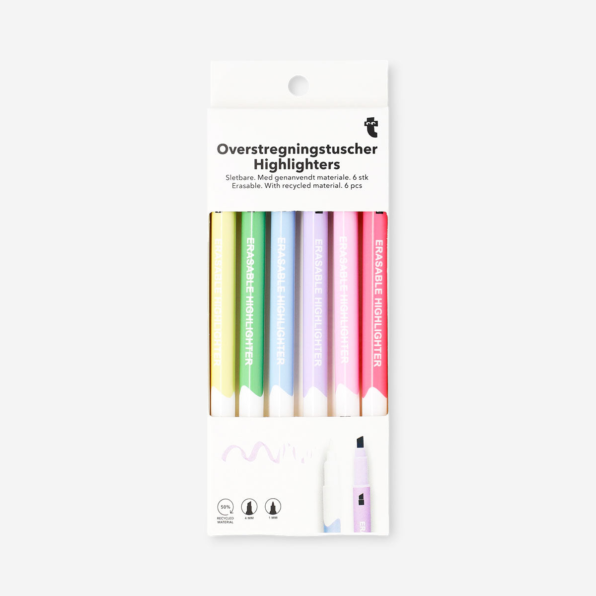 Set of six Flying Tiger Copenhagen erasable highlighters in vibrant colors for office and study use.
